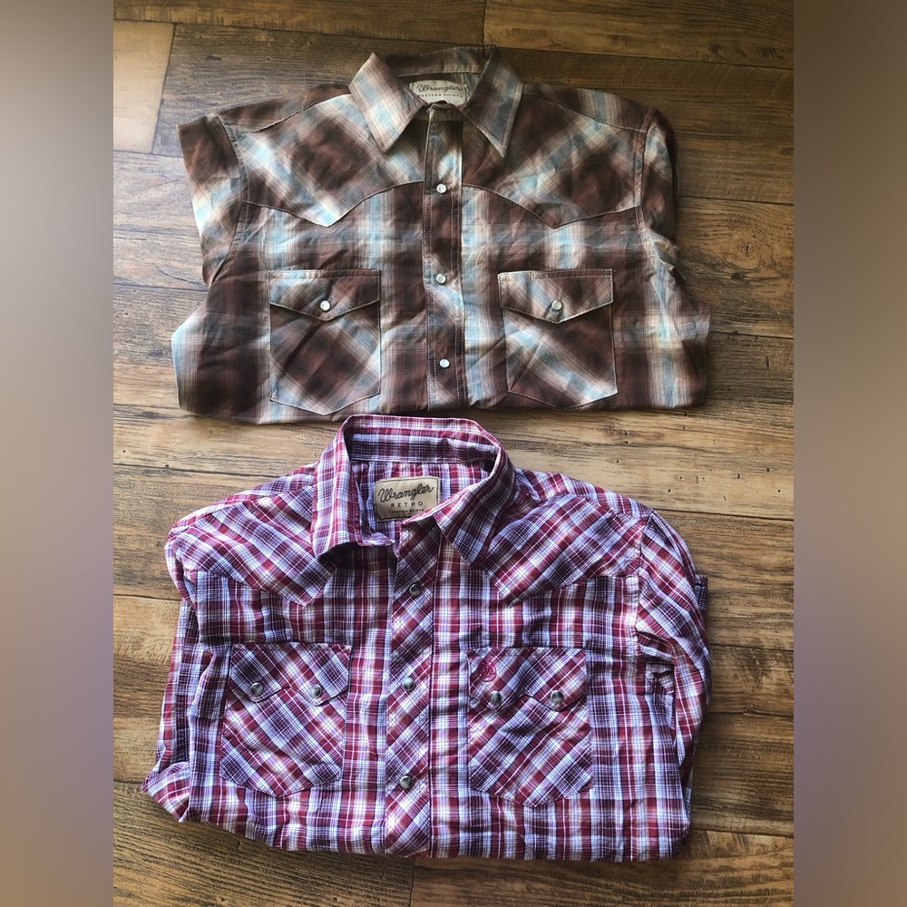 2 Wrangler Western Shirt Mens Medium Red Brown Pearl Snap Long Sleeve Cowboy
